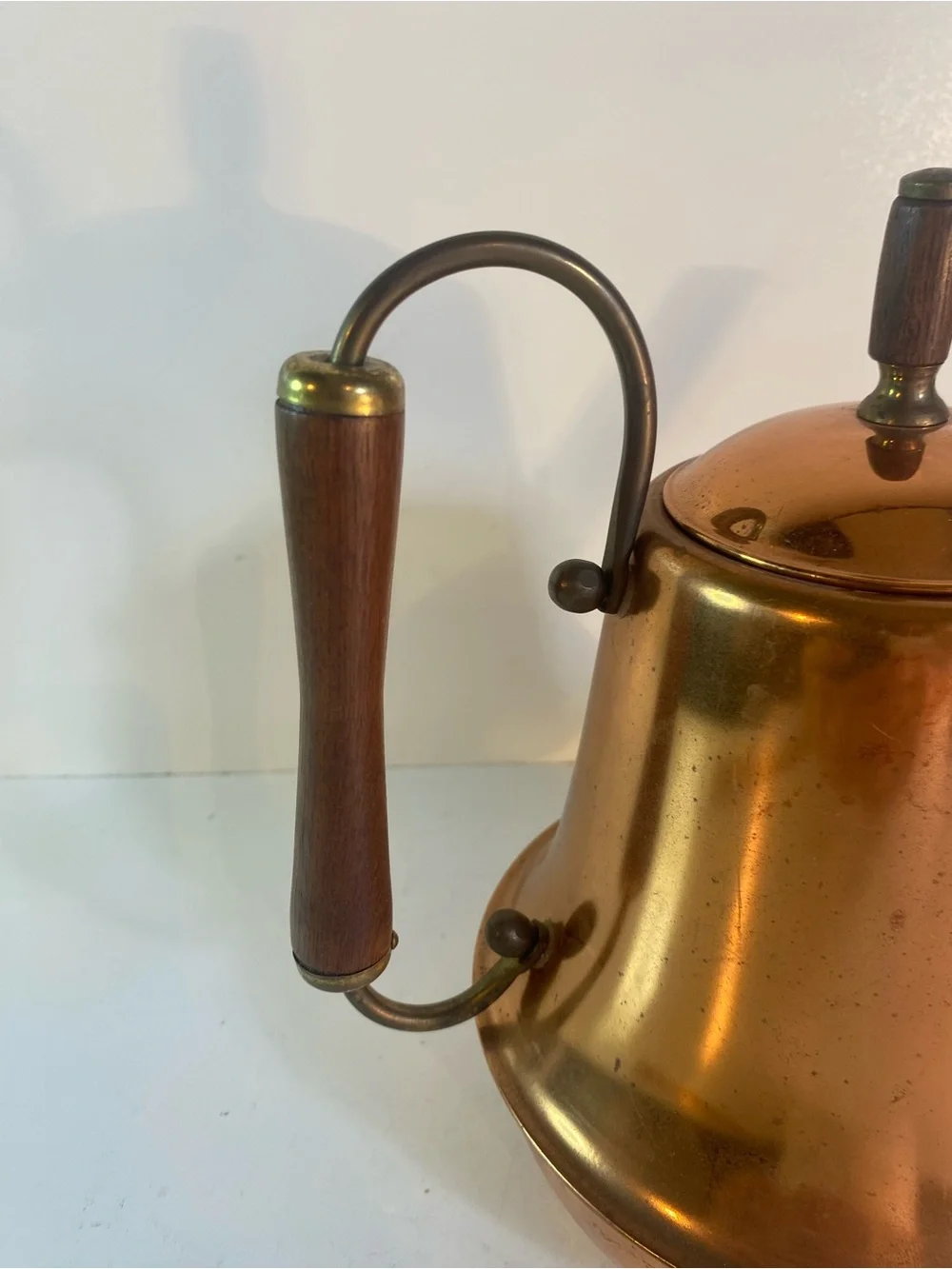 Vintage Mid Century Spartan Copper Teapot - Wooden Handle and Brass Accents